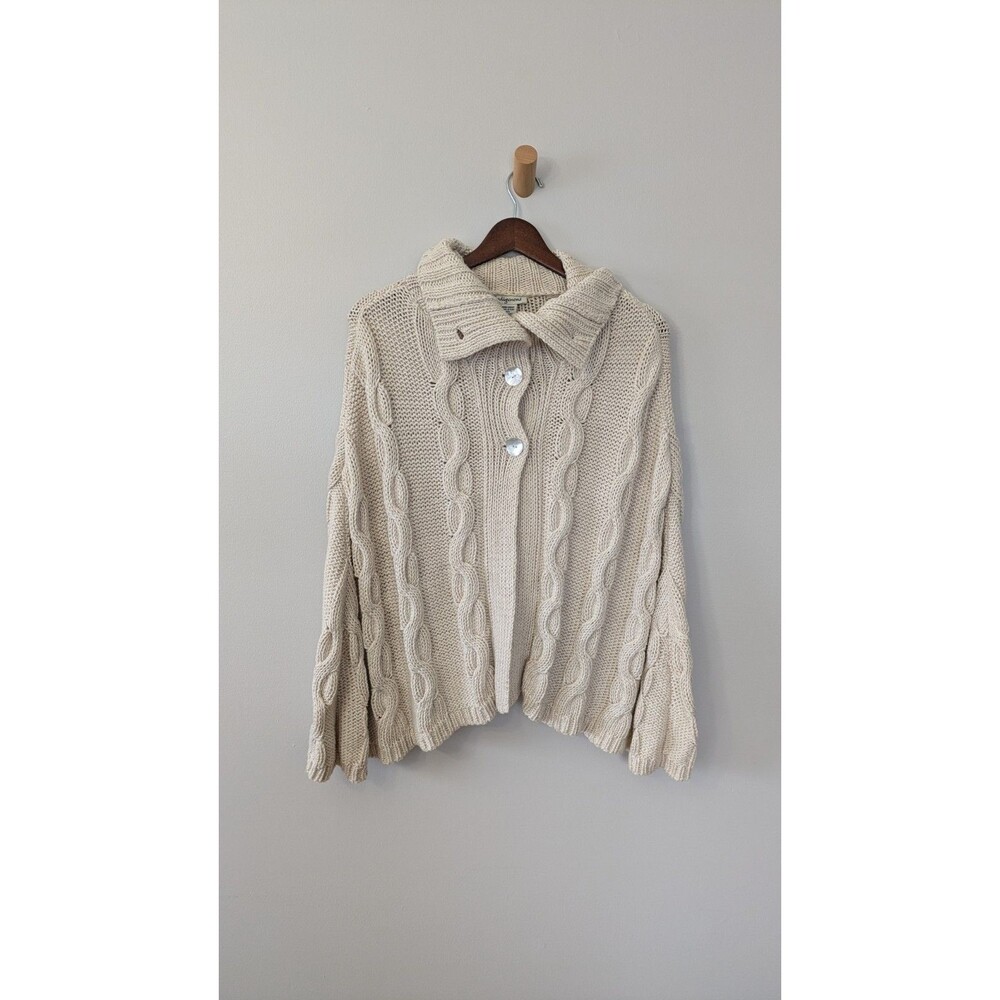 Vintage Hand Loomed Poncho Cape Sweater Cottage Organic Cotton Silk Cable Knit - Picture 6 of 10